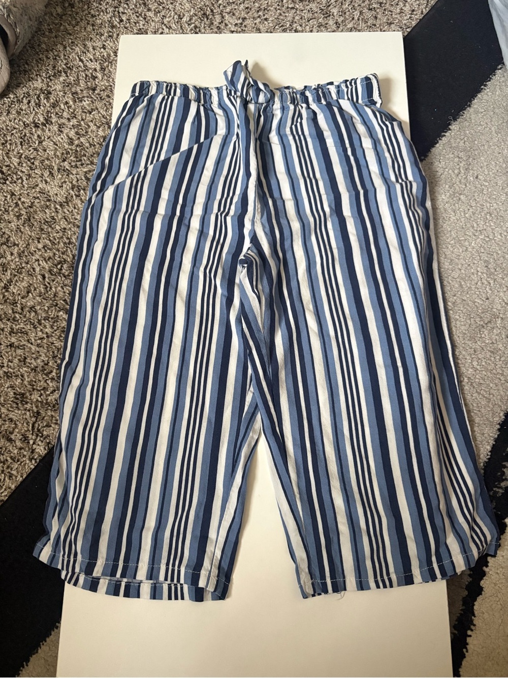 Kids Blue & White Striped Casual Capris - Elastic Waist